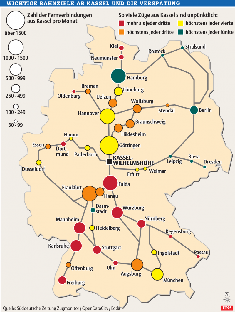 Verspätungen der Bahn am Zielort von Kassel Wilhelmshöhe (April-Juni 2012)